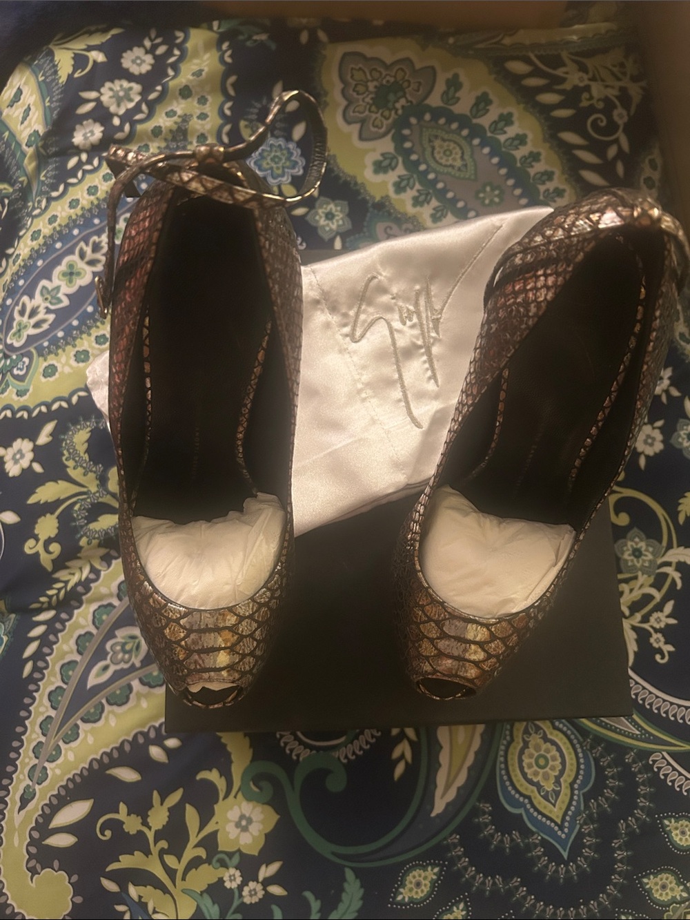 Giuseppe Zanotti Two Tone Print Metallic Ankle Straps with Silver Signature Box